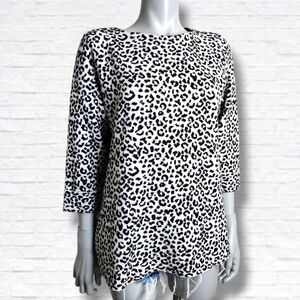 Cynthia Rowley White Snow Leopard Cat Print 3/4 Sleeve Boxy Sweater Size 2X